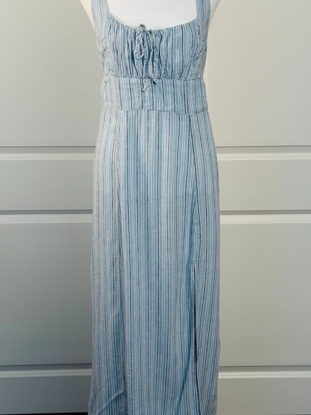 AE Linen Blend Catie Corset Column Midi Dress Blue Stripe, Size Medium